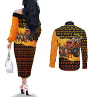 Tropical Christmas In July Santa Claus Couples Matching Off The Shoulder Long Sleeve Dress and Long Sleeve Button Shirt Festive Hawaiian With Beach Reindeer Sleigh