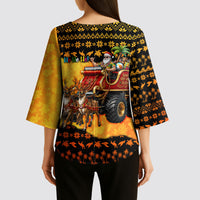Tropical Christmas In July Santa Claus Kimono Sleeve Blouse Festive Hawaiian With Beach Reindeer Sleigh