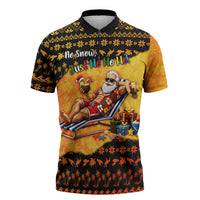 Tropical Christmas In July Santa Claus Zipper Polo Shirt Festive Hawaiian With Beach Reindeer Sleigh