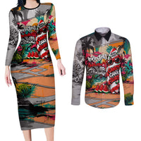 Tropical Christmas In July Candy Cane Surf Couples Matching Long Sleeve Bodycon Dress and Long Sleeve Button Shirt Vibrant Street Art Beach Graffiti Graphic