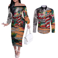 Tropical Christmas In July Candy Cane Surf Couples Matching Off The Shoulder Long Sleeve Dress and Long Sleeve Button Shirt Vibrant Street Art Beach Graffiti Graphic