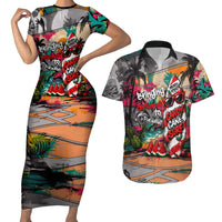 Tropical Christmas In July Candy Cane Surf Couples Matching Short Sleeve Bodycon Dress and Hawaiian Shirt Vibrant Street Art Beach Graffiti Graphic