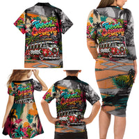 Tropical Christmas In July Candy Cane Surf Family Matching Long Sleeve Bodycon Dress and Hawaiian Shirt Vibrant Street Art Beach Graffiti Graphic