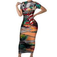 Tropical Christmas In July Candy Cane Surf Short Sleeve Bodycon Dress Vibrant Street Art Beach Graffiti Graphic