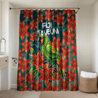 Fiji Taveuni Parrot Bathroom Set Tropical Waterfall Landscape With Floral Tribal Pattern TS04 Shower Curtain Only Green Orange - Polynesian Pride