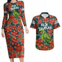 Fiji Taveuni Parrot Couples Matching Long Sleeve Bodycon Dress and Hawaiian Shirt Tropical Waterfall Landscape With Floral Tribal Pattern TS04 Green Orange - Polynesian Pride
