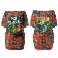 Fiji Taveuni Parrot Couples Matching Off Shoulder Short Dress and Hawaiian Shirt Tropical Waterfall Landscape With Floral Tribal Pattern TS04 - Polynesian Pride