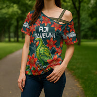 Fiji Taveuni Parrot Cross Shoulder Shirt Tropical Waterfall Landscape With Floral Tribal Pattern