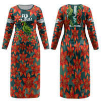 Fiji Taveuni Parrot Family Matching Long Sleeve Bodycon Dress and Hawaiian Shirt Tropical Waterfall Landscape With Floral Tribal Pattern TS04 Mom's Dress Green Orange - Polynesian Pride