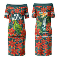 Fiji Taveuni Parrot Family Matching Puletasi and Hawaiian Shirt Tropical Waterfall Landscape With Floral Tribal Pattern TS04 Mom's Dress Green Orange - Polynesian Pride