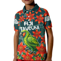 Fiji Taveuni Parrot Kid Polo Shirt Tropical Waterfall Landscape With Floral Tribal Pattern