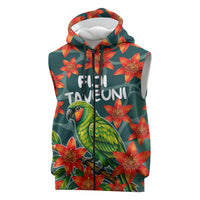 Fiji Taveuni Parrot Sleeveless Zip Hoodie Tropical Waterfall Landscape With Floral Tribal Pattern TS04 Green Orange - Polynesian Pride