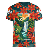 Fiji Taveuni Parrot Women V-Neck T-Shirt Tropical Waterfall Landscape With Floral Tribal Pattern TS04 - Polynesian Pride