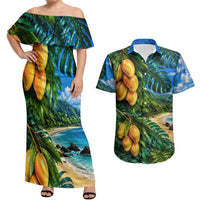 Hawaiian Mango Tropical Beach Couples Matching Off Shoulder Maxi Dress and Hawaiian Shirt Scenic Island Nature Exotic Fruit Graphic TS04 Blue Green - Polynesian Pride