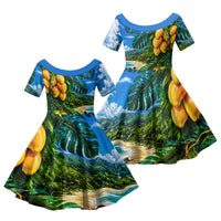 Hawaiian Mango Tropical Beach Family Matching Mermaid Dress and Hawaiian Shirt Scenic Island Nature Exotic Fruit Graphic TS04 Daughter's Dress Blue Green - Polynesian Pride