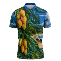 Hawaiian Mango Tropical Beach Zipper Polo Shirt Scenic Island Nature Exotic Fruit Graphic TS04 Blue Green - Polynesian Pride
