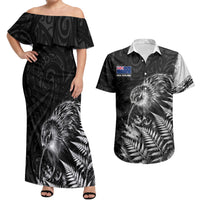 Personalized New Zealand Kiwi Bird Couples Matching Off Shoulder Maxi Dress and Hawaiian Shirt Grunge Maori Tribal Pattern Silver Fern