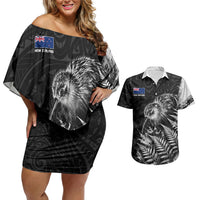Personalized New Zealand Kiwi Bird Couples Matching Off Shoulder Short Dress and Hawaiian Shirt Grunge Maori Tribal Pattern Silver Fern