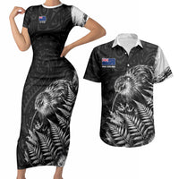 Personalized New Zealand Kiwi Bird Couples Matching Short Sleeve Bodycon Dress and Hawaiian Shirt Grunge Maori Tribal Pattern Silver Fern TS04 Black White - Polynesian Pride