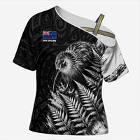 Personalized New Zealand Kiwi Bird Cross Shoulder Shirt Grunge Maori Tribal Pattern Silver Fern