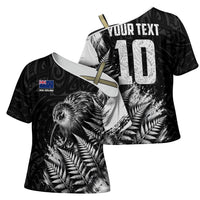 Personalized New Zealand Kiwi Bird Cross Shoulder Shirt Grunge Maori Tribal Pattern Silver Fern