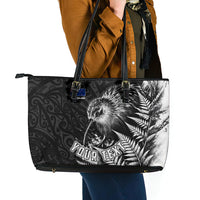 Personalized New Zealand Kiwi Bird Leather Tote Bag Grunge Maori Tribal Pattern Silver Fern