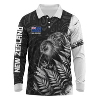 Personalized New Zealand Kiwi Bird Long Sleeve Polo Shirt Grunge Maori Tribal Pattern Silver Fern