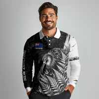 Personalized New Zealand Kiwi Bird Long Sleeve Polo Shirt Grunge Maori Tribal Pattern Silver Fern