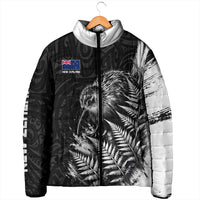 Personalized New Zealand Kiwi Bird Padded Jacket Grunge Maori Tribal Pattern Silver Fern