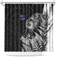Personalized New Zealand Kiwi Bird Shower Curtain Grunge Maori Tribal Pattern Silver Fern