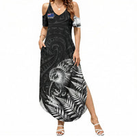 Personalized New Zealand Kiwi Bird Summer Maxi Dress Grunge Maori Tribal Pattern Silver Fern