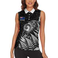 Personalized New Zealand Kiwi Bird Women Sleeveless Polo Shirt Grunge Maori Tribal Pattern Silver Fern