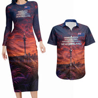 New Zealand Aotearoa Kiwi UFO Couples Matching Long Sleeve Bodycon Dress and Hawaiian Shirt Sci-Fi Galaxy Sunset Sky Tower And Mountain