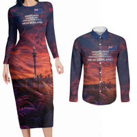 New Zealand Aotearoa Kiwi UFO Couples Matching Long Sleeve Bodycon Dress and Long Sleeve Button Shirt Sci-Fi Galaxy Sunset Sky Tower And Mountain TS04 Blue Red - Polynesian Pride