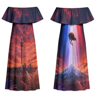 New Zealand Aotearoa Kiwi UFO Couples Matching Off Shoulder Maxi Dress and Hawaiian Shirt Sci-Fi Galaxy Sunset Sky Tower And Mountain TS04 - Polynesian Pride