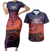 New Zealand Aotearoa Kiwi UFO Couples Matching Short Sleeve Bodycon Dress and Hawaiian Shirt Sci-Fi Galaxy Sunset Sky Tower And Mountain TS04 Blue Red - Polynesian Pride