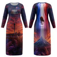 New Zealand Aotearoa Kiwi UFO Family Matching Long Sleeve Bodycon Dress and Hawaiian Shirt Sci-Fi Galaxy Sunset Sky Tower And Mountain TS04 Mom's Dress Blue Red - Polynesian Pride
