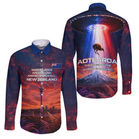 New Zealand Aotearoa Kiwi UFO Family Matching Long Sleeve Bodycon Dress and Hawaiian Shirt Sci-Fi Galaxy Sunset Sky Tower And Mountain TS04 Dad's Shirt - Long Sleeve Blue Red - Polynesian Pride