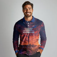 New Zealand Aotearoa Kiwi UFO Long Sleeve Polo Shirt Sci-Fi Galaxy Sunset Sky Tower And Mountain TS04 - Polynesian Pride