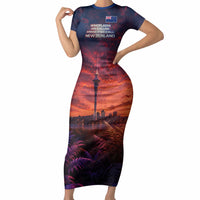 New Zealand Aotearoa Kiwi UFO Short Sleeve Bodycon Dress Sci-Fi Galaxy Sunset Sky Tower And Mountain TS04 Long Dress Blue Red - Polynesian Pride