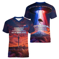 New Zealand Aotearoa Kiwi UFO Women V-Neck T-Shirt Sci-Fi Galaxy Sunset Sky Tower And Mountain TS04 - Polynesian Pride
