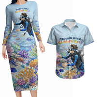 Fiji Taveuni Rainbow Reef Couples Matching Long Sleeve Bodycon Dress and Hawaiian Shirt Scuba Diver Vibrant Undersea Coral Garden Watercolor TS04 Blue - Polynesian Pride