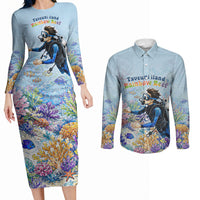 Fiji Taveuni Rainbow Reef Couples Matching Long Sleeve Bodycon Dress and Long Sleeve Button Shirt Scuba Diver Vibrant Undersea Coral Garden Watercolor TS04 Blue - Polynesian Pride