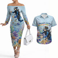 Fiji Taveuni Rainbow Reef Couples Matching Off The Shoulder Long Sleeve Dress and Hawaiian Shirt Scuba Diver Vibrant Undersea Coral Garden Watercolor TS04 Blue - Polynesian Pride