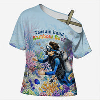 Fiji Taveuni Rainbow Reef Cross Shoulder Shirt Scuba Diver Vibrant Undersea Coral Garden Watercolor TS04 Female Blue - Polynesian Pride