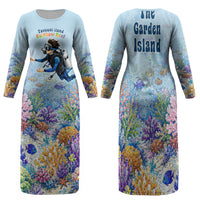 Fiji Taveuni Rainbow Reef Family Matching Long Sleeve Bodycon Dress and Hawaiian Shirt Scuba Diver Vibrant Undersea Coral Garden Watercolor TS04 Mom's Dress Blue - Polynesian Pride