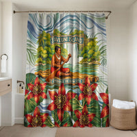 Fiji Taveuni Island Dateline Crossing Bathroom Set Tropical Cultural Landscape With Tagimoucia Floral Pattern TS04 Shower Curtain Only White Green - Polynesian Pride