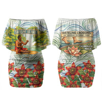 Fiji Taveuni Island Dateline Crossing Couples Matching Off Shoulder Short Dress and Long Sleeve Button Shirt Tropical Cultural Landscape With Tagimoucia Floral Pattern TS04 - Polynesian Pride
