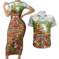 Fiji Taveuni Island Dateline Crossing Couples Matching Short Sleeve Bodycon Dress and Hawaiian Shirt Tropical Cultural Landscape With Tagimoucia Floral Pattern TS04 White Green - Polynesian Pride