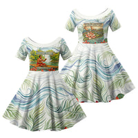 Fiji Taveuni Island Dateline Crossing Family Matching Off The Shoulder Long Sleeve Dress and Hawaiian Shirt Tropical Cultural Landscape With Tagimoucia Floral Pattern TS04 Daughter's Dress White Green - Polynesian Pride